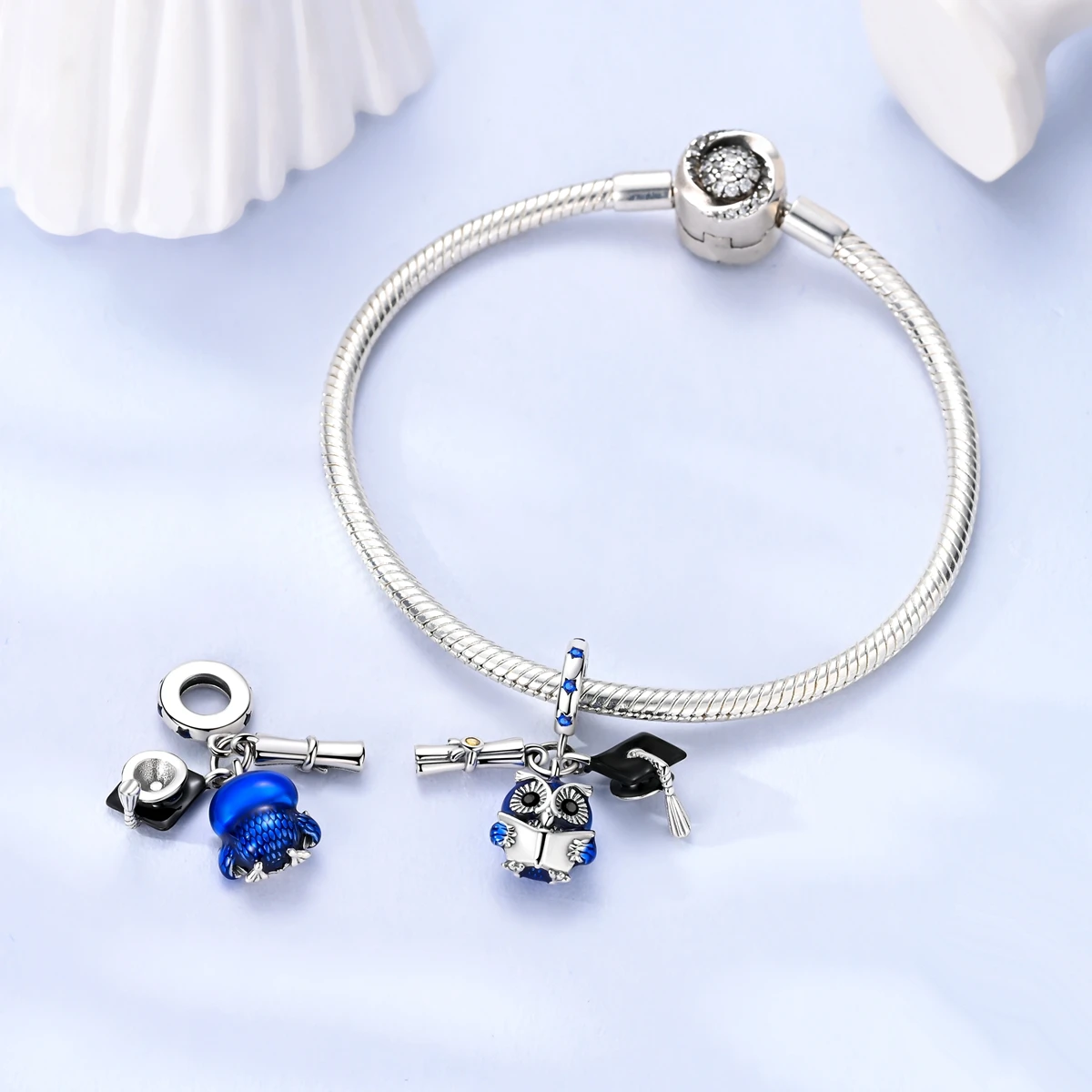 925 Sterling Silver Blue Enamel Graduation Owl Cap Charm Fit Women DIY Bracelet Necklace Fashion Jewelry Academic Congrats Gift