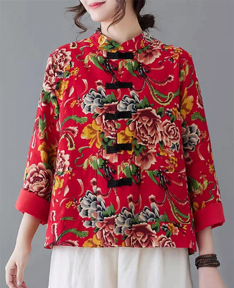 Ethnic Style Cotton And Linen Printed Shirt Short Jacket For Lady Spring Northeast Big Floral Coat Stand Collar Button Top z4772