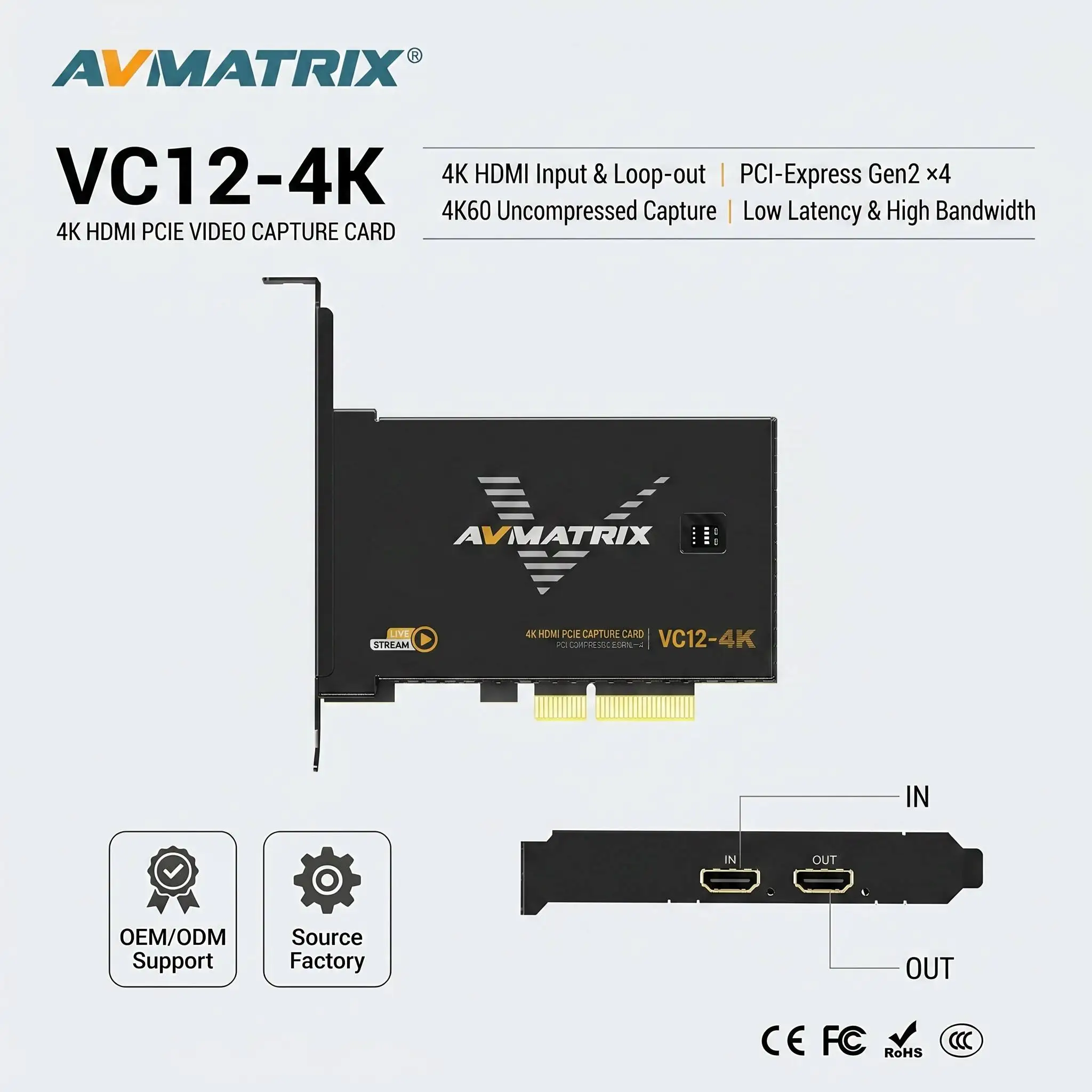 Good AVMATRIX VC12-4K HDMI 2.0 PCIE Capture Card 4K60 Uncompressed 1080p240Hz Loop-out for E-sports Live Streaming OBS
