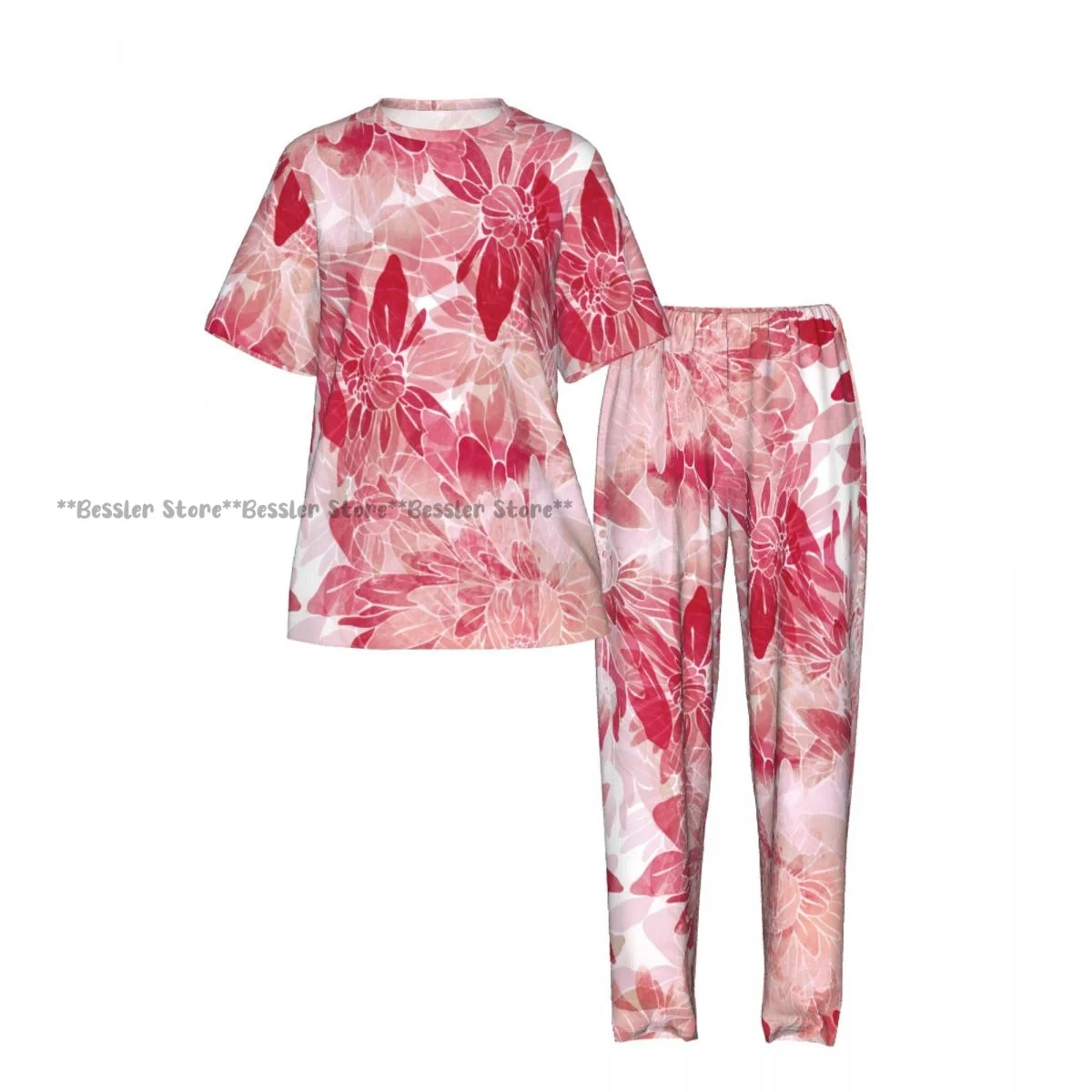 Pink Chrysanthemum Pajamas Set Short-sleeved Women Home Clothing view 2