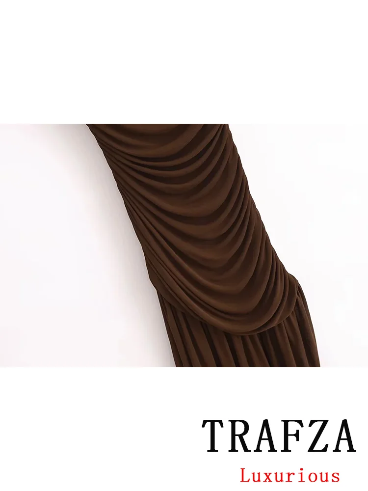 TRAFZA Vintage Casual Chic Women Dress Solid Asymmetrical Sleeveless Slim Long Dress New Fashion 2024 Summer Holiday Dress