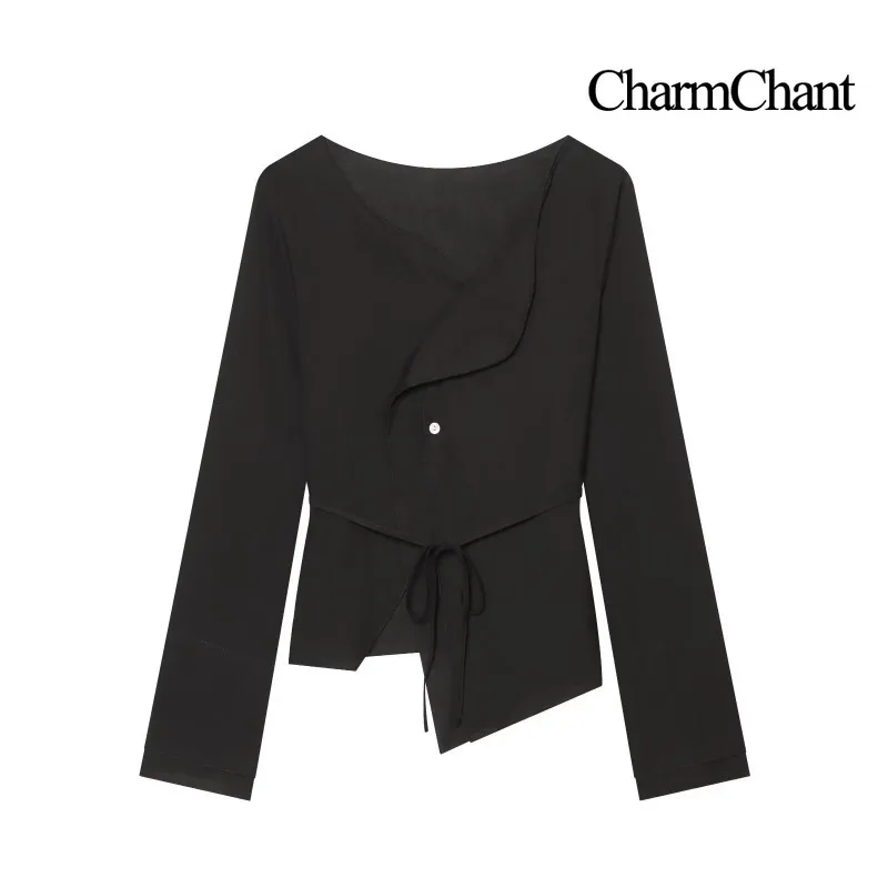 CHARMCHANT Women's V‑Neck Asymmetrical Hem Tie Waist Long Sleeve Blouse Shirt For Daily Commute Casual Outing Spring 2026