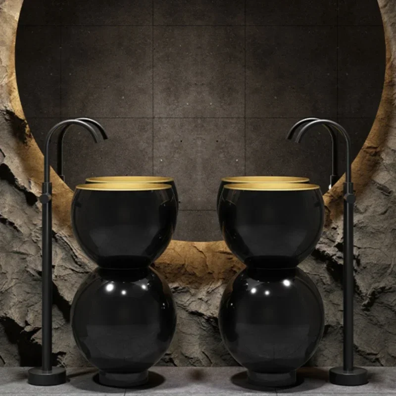 Retro gourd appearance black gold stainless steel column floor-to-ceiling wash basin