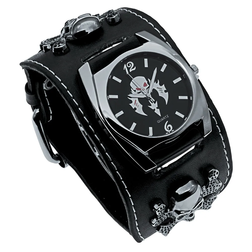 GOGARAMA-Relógio de Pulso Punk Masculino e Feminino, Pulseira de Couro Preto, Caveira 3D, Relógios de Quartzo, Aniversário, Natal, Halloween, Bons Presentes