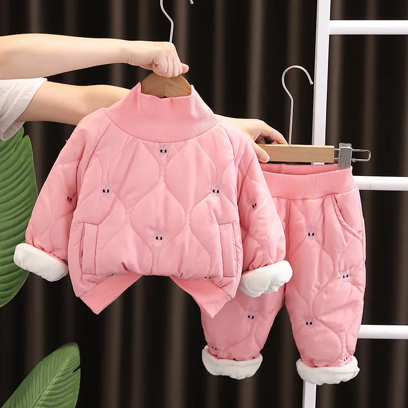 Autumn Winter Warm Baby Girls Clothing Set Lining Plush Thick Cartoon Rabbit Print Pullover+Pants 2Pcs For 1-5 Years Casual Suit