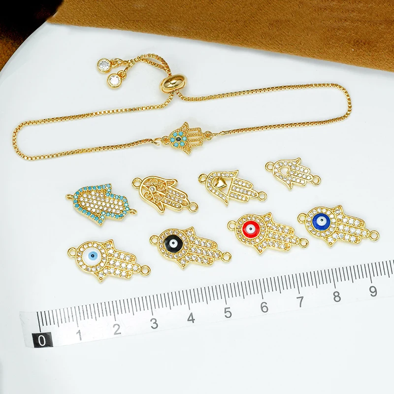 

4 Pcs Devil Eye Palm Connector for Diy Bracelet Necklace Jewelry Making Inlay Zircon Heart Enamel Hollow Accessories Wholesale