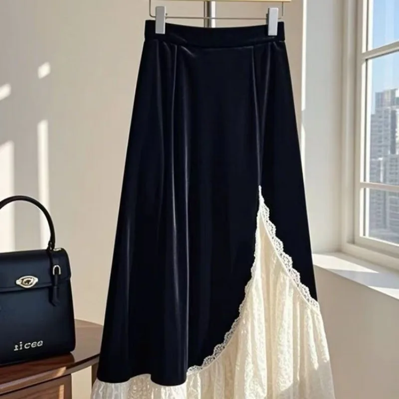 French Lace Velvet Women Skirt Patchwork A-line Autumn Winter Faldas Mujer Korean Fashion Elegant Retro Long Skirt 2025 New