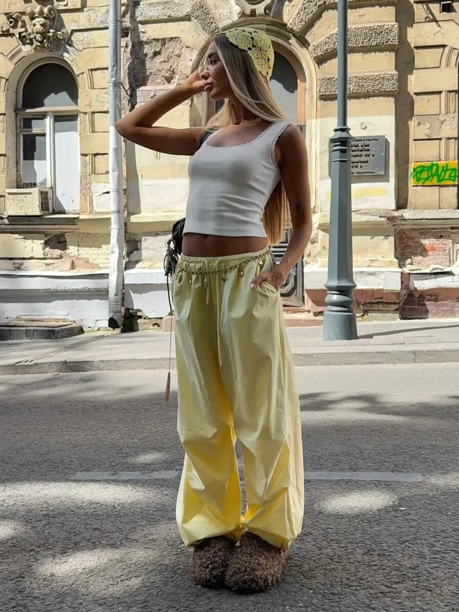 Wolfeel Calça cargo feminina cintura baixa 100% algodão com cordão franzido calças largas bainha elástica outono calças casuais