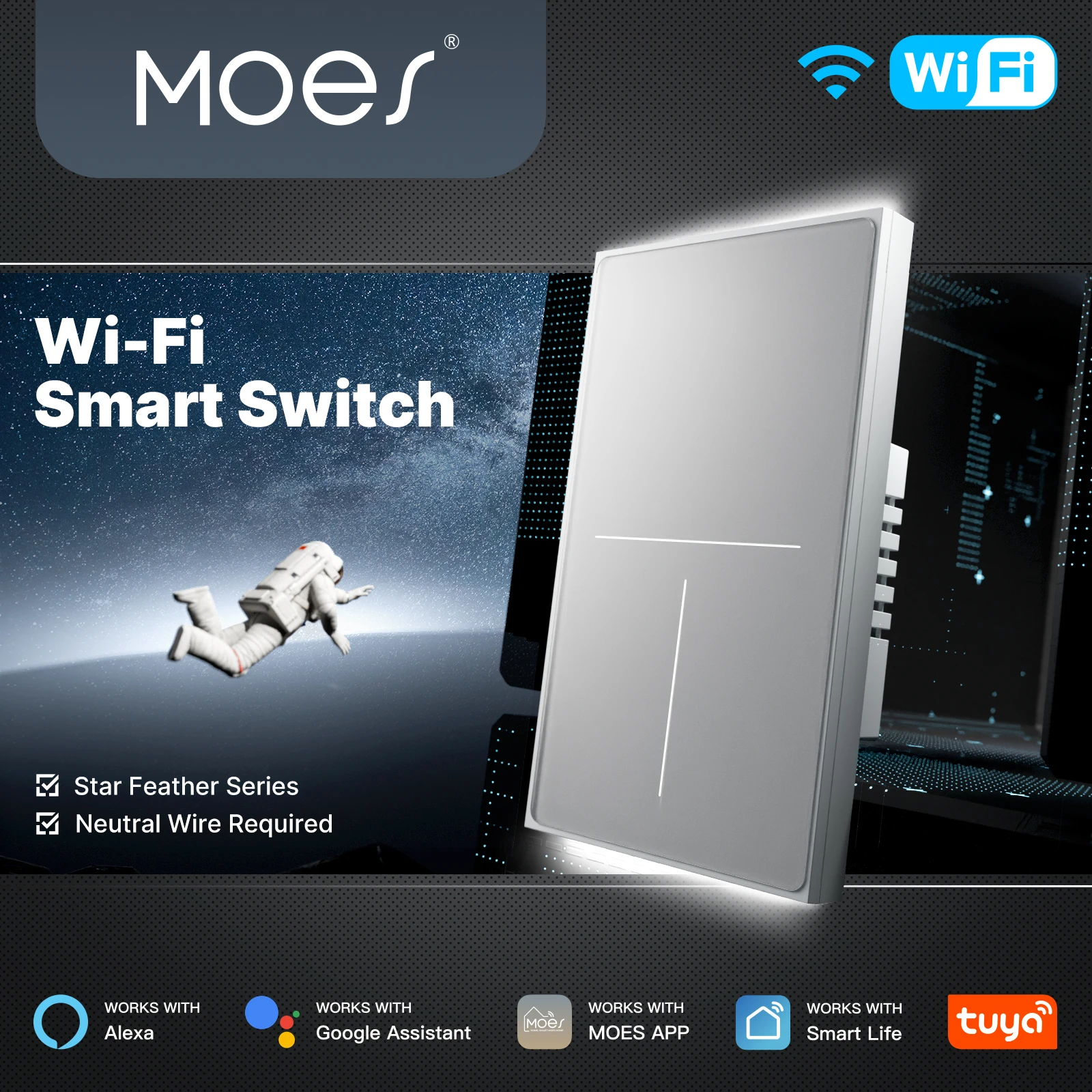 

Умный переключатель MOES Tuya WiFi — дизайн звездного пера, стекло Air Touch AG, подсветка, сцена 2 в 1, нейтральный провод, работает с Alexa/Google