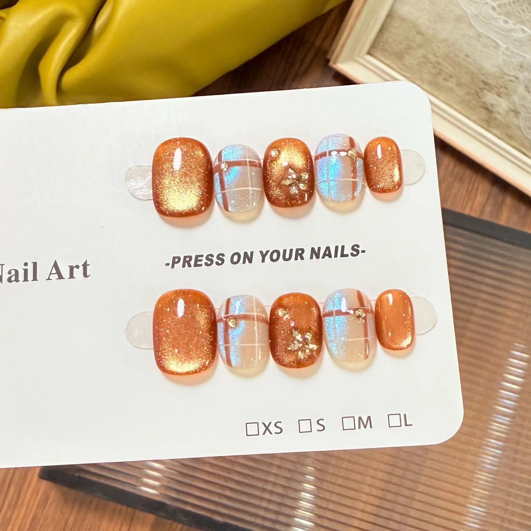 

10pc Handmade Press on Nails Caramel Cat's Eye Zirconia Diamond Contrast Check Pattern False Nail for Women&Girl Removable Nail