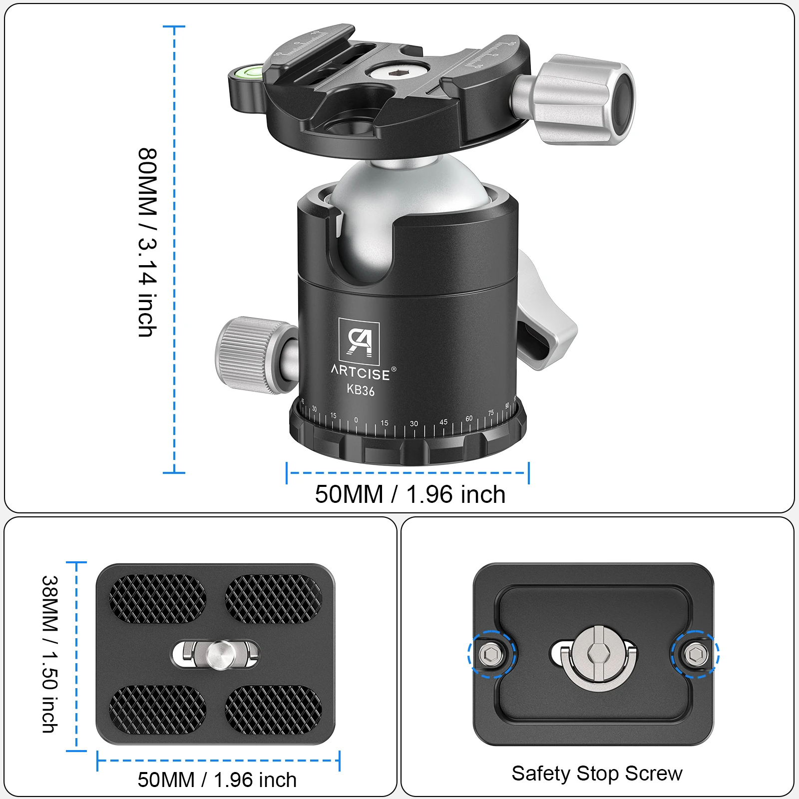 Artcise-Cabezal de bola KB36, trípode profesional de aleación de aluminio CNC completo, 360 ° panorámico, carga máxima de 20kg, para trípode, monopié, cámara