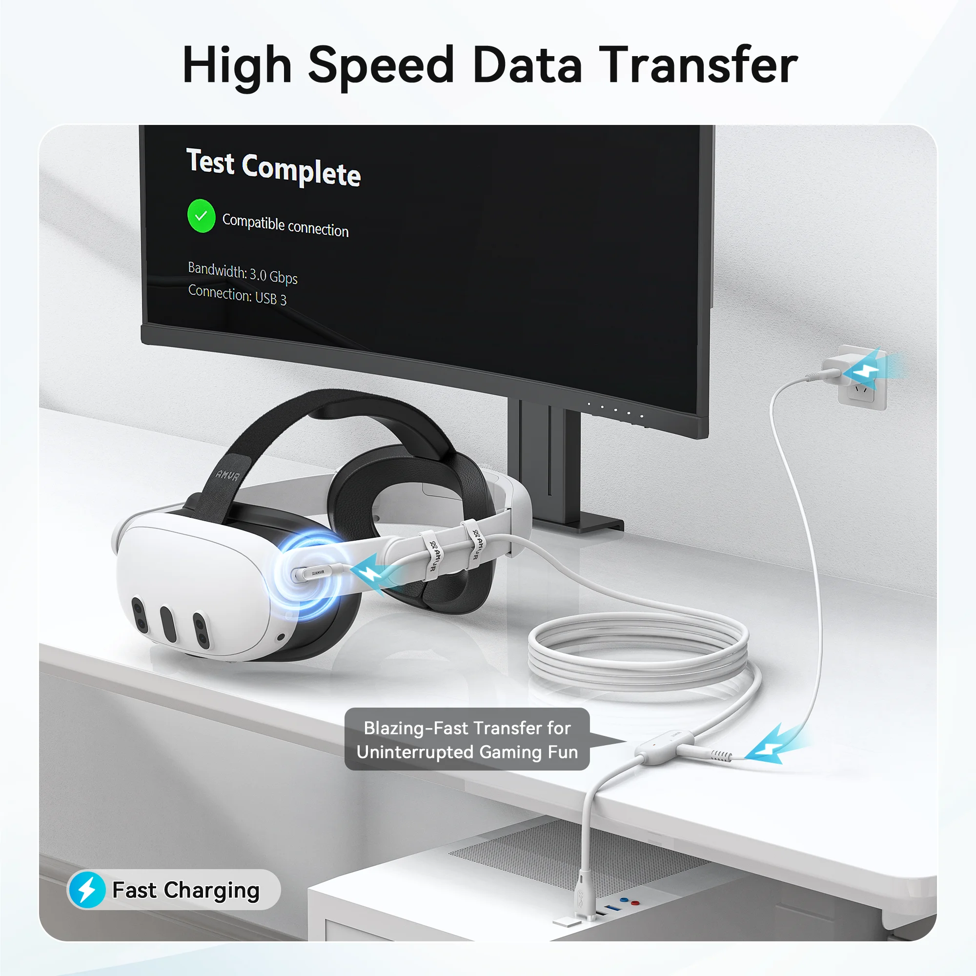 كابل AMVR 16FT VR Link من النوع C USB مع منفذ شحن سريع منفصل لملحقات Meta Quest 3/3S/ Quest2 Pico4 Steam VR PCVR