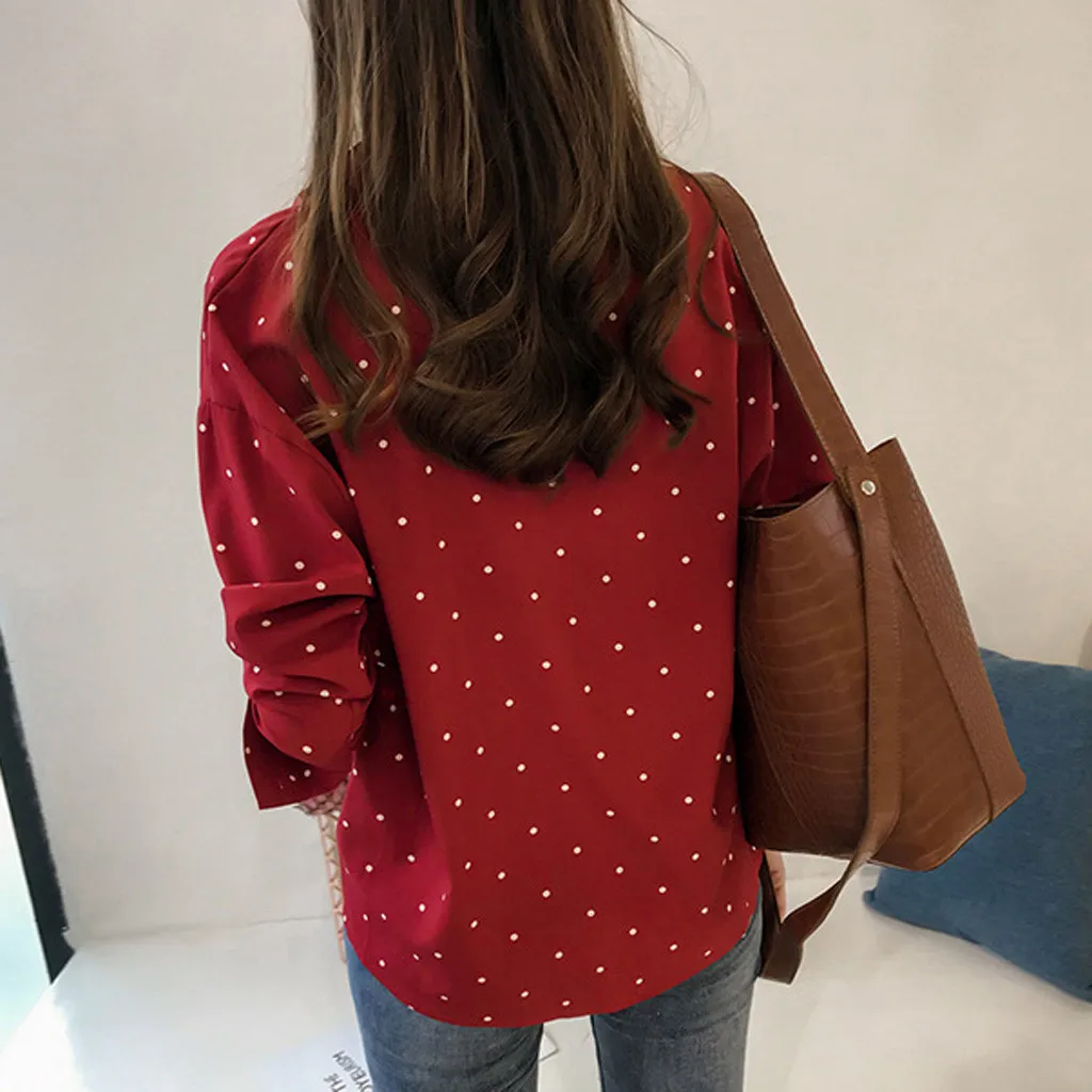 Blusa de manga comprida feminina com bolinhas, tops com gola V, camisas elegantes, moda coreana, roupas para outono