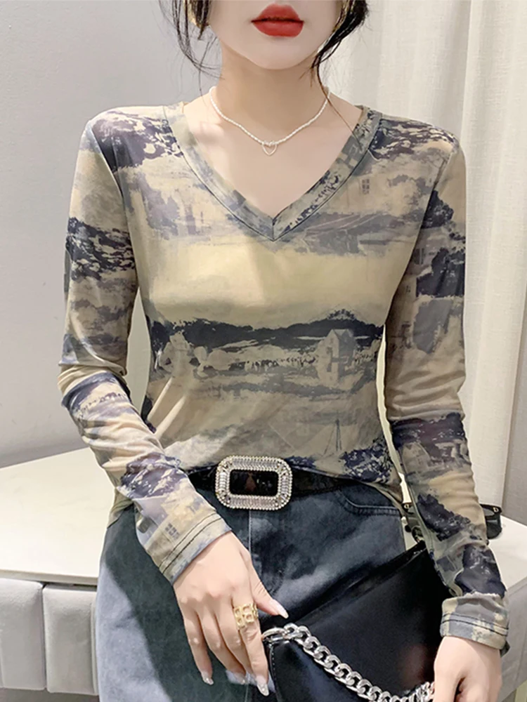 Spring New Sle Women's Long Sve T-irt V-Ne adient Color Me Base irt Sexy Slim Fit Elastic Korean Version Top