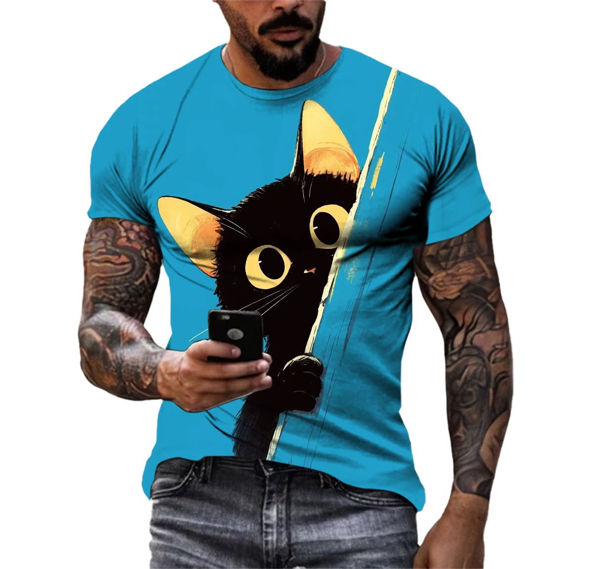 Summer Fashion Casual Cartoon Cat Graphic T-shirt For Men New Funny Anime Pattern 3D Digital Printing Round Neck Harajuku Tees