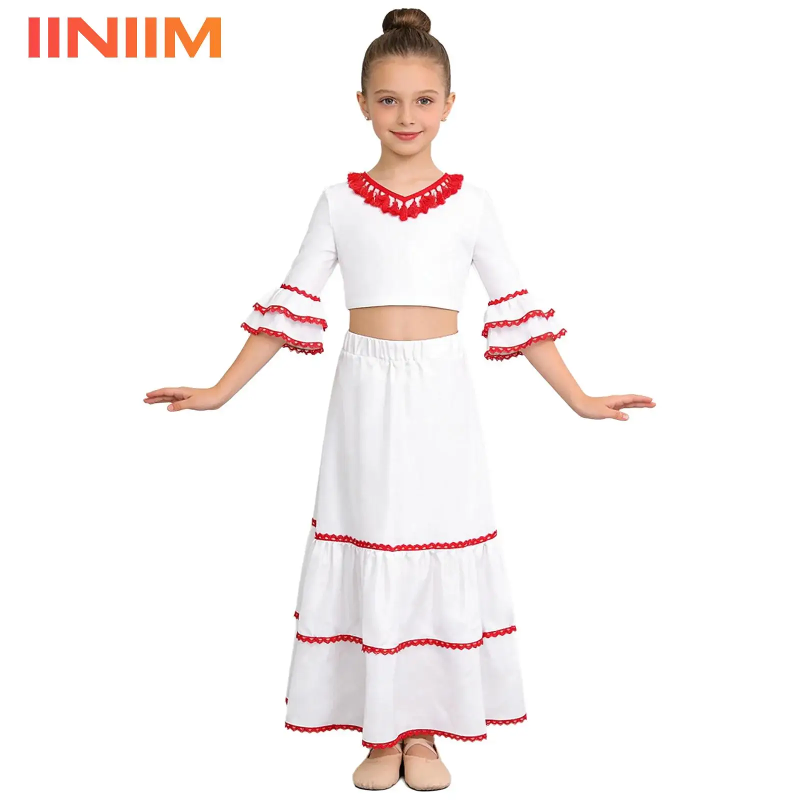 

Kids Girls Spanish Flamenco Ballroom Dance Outfit Ruffle Crop Top with Satin Tiered Skirt Gypsy Chorus Performance Costume