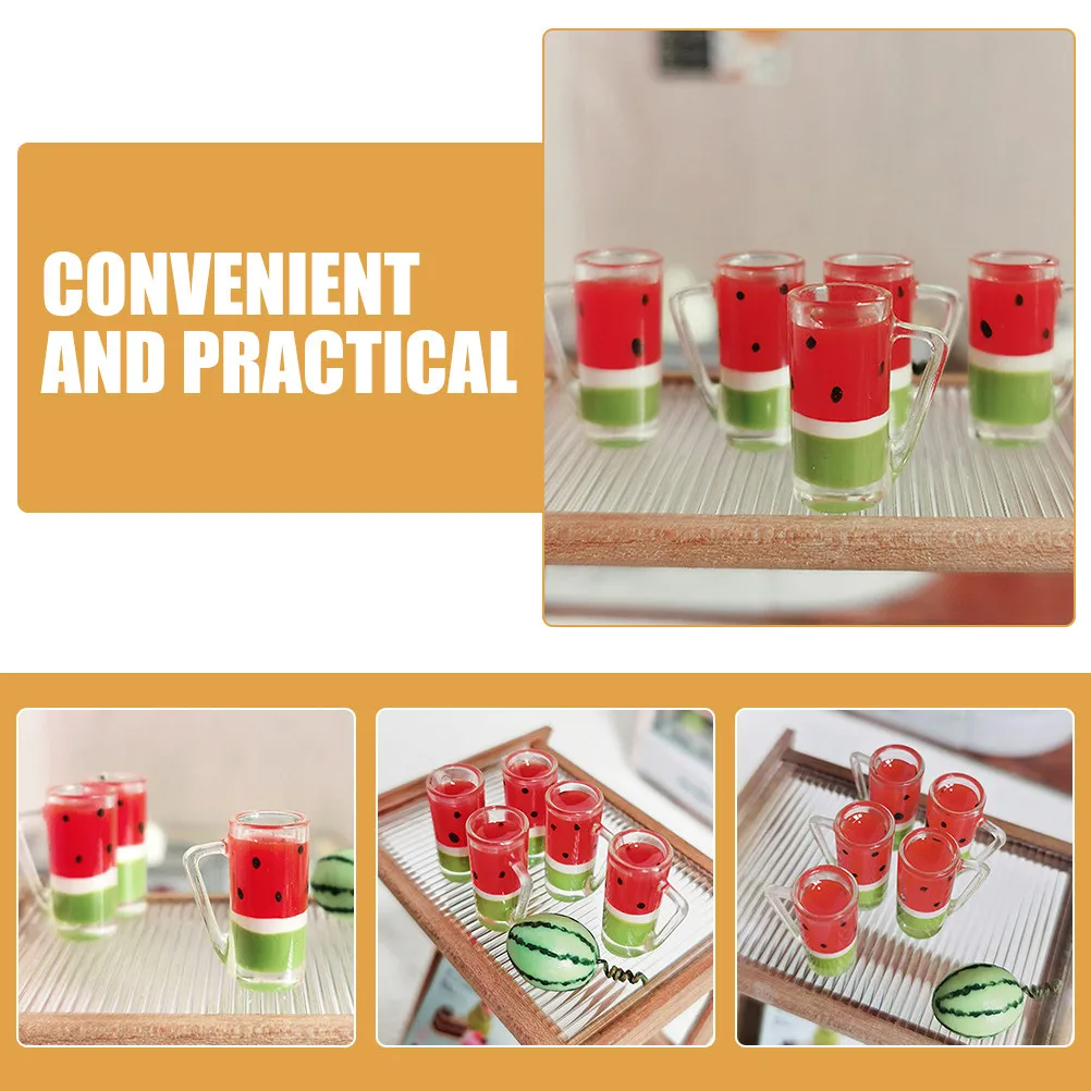 

2 шт. миниатюрные стаканы для напитков в виде домиков, декоративные миниатюры из смолы в виде арбузного сока, реквизит для мини-кухни, миниатюрные украшения для напитков