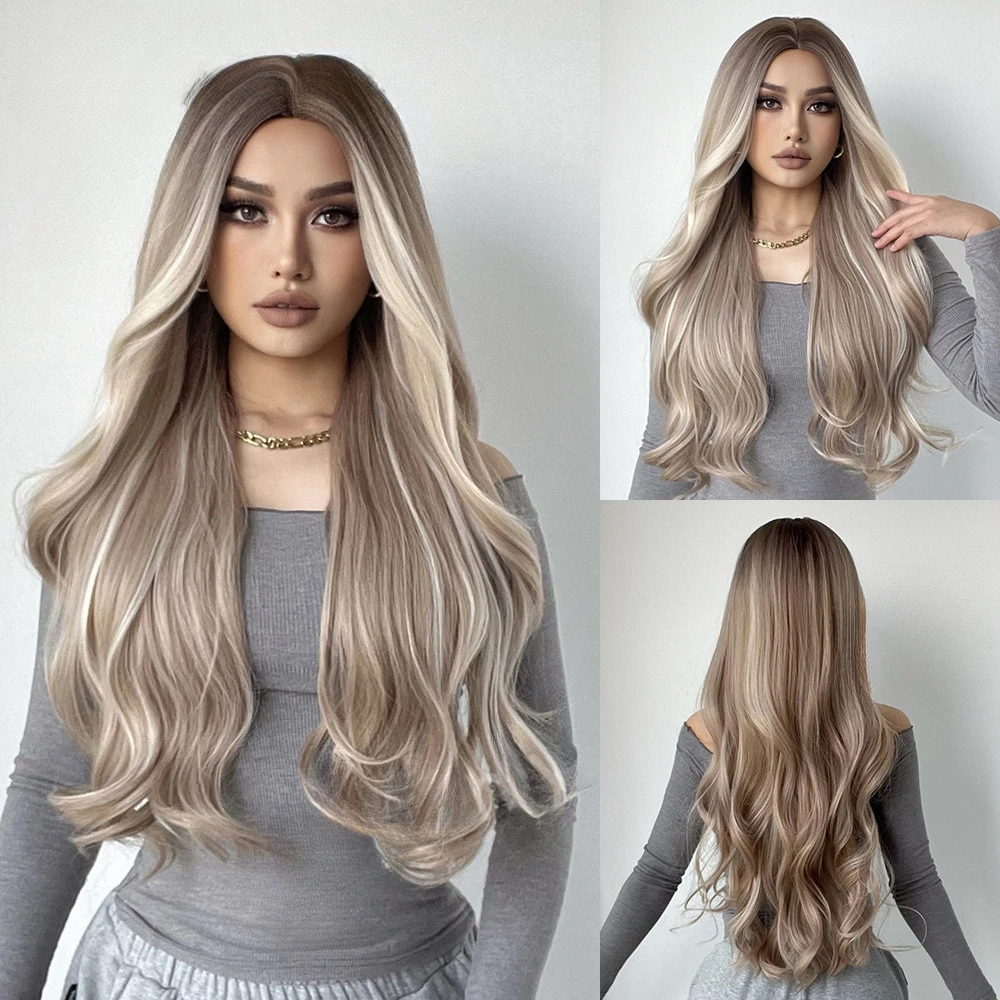 

Ash Blonde Ombre Platinum Wig Dirty Blond Silver Grey Long Wavy Wig Middle Part Glueless Highlight Blond Brown Wigs For Women