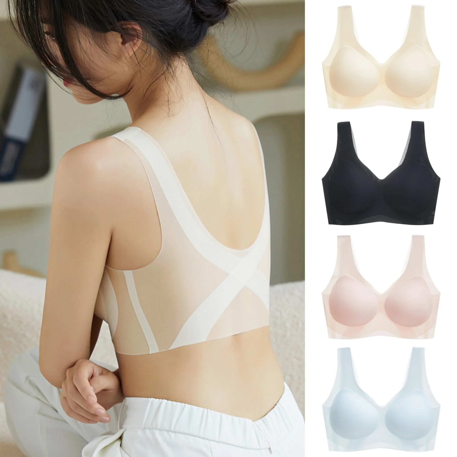 Sexy Urtal Thin Bras Cross Beauty Back Intimates Underwear Ice Silk Push Up Bralette Seamless Fixed Cup Lingerie Soutien Gorges