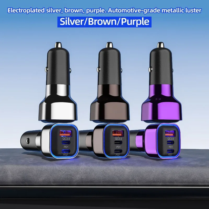 3 PORTS Square Car Cigarette Lighter Charger with Ambient Light 60W PD20W/QC3.0 Super Fast Charge 3 Ports Super Fast Charging