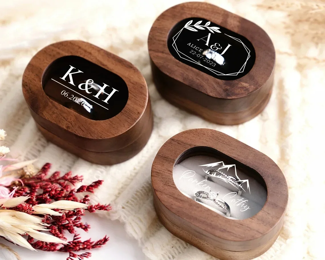 1PCS Free Custom Wooden Wedding Ceremony Ring Box Clear Personalized Engraved Engagement Proposal Holder Bridal Gift For Her
