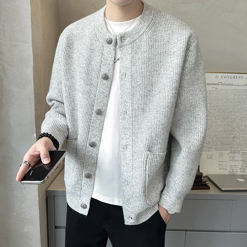 

Мужской вязаный кардиган с круглым вырезом на пуговицах, универсальный, весна-осень, модный, простой дизайн, длинный рукав, шерстяная смесь