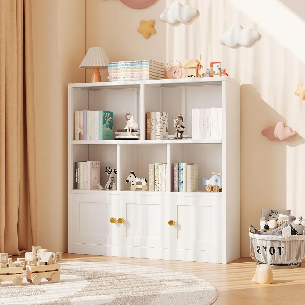 

2-in-1 Metal Kids Bookshelf and Kids Storage Organizer-Open Bookshelf with 3 Doors and Corner Guard,Bookcase Toy Organizer and S