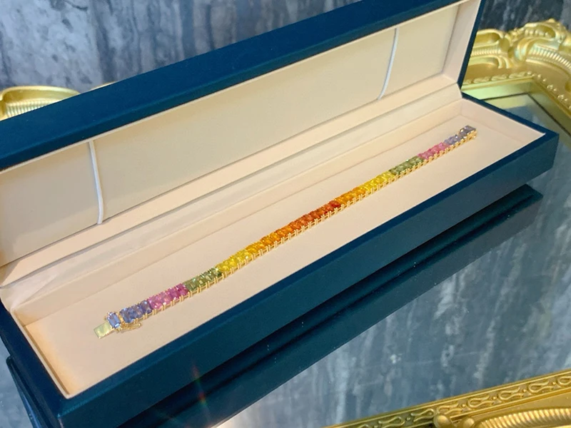 LUOWEND 100% 18K Yellow Gold Bracelet Luxury 17carat Natural Color Sapphire Bracelet for Women Rainbow Design High Party Jewelry