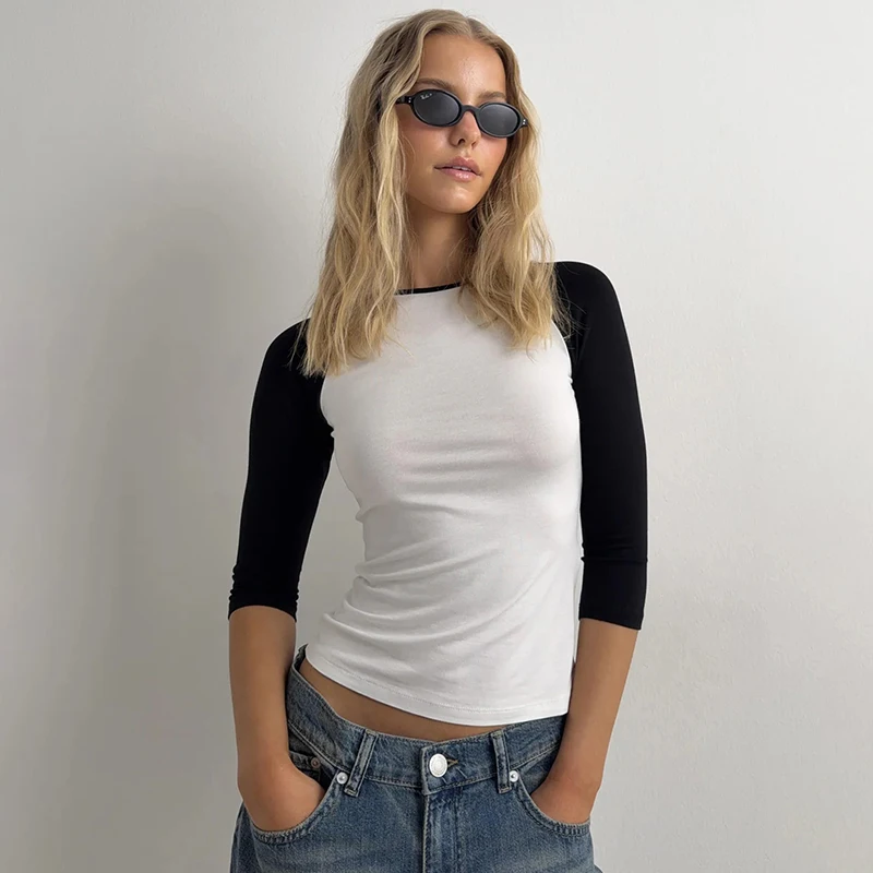 Casual Color Blocked Round Neck Five Quarter Sleeve Slim Fit Short Top T-shirt