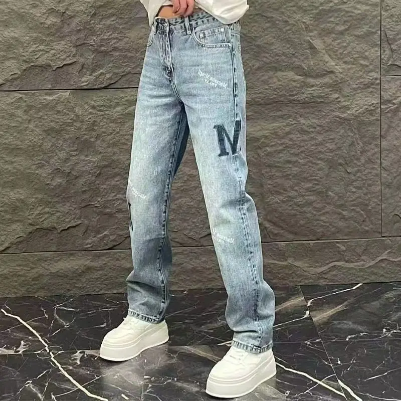 Celana Jeans Pria Model Kaki Lebar Musim Semi dan Gugur, Serbaguna, Fashion, Bermotif, Kasual, Stretch, Trendi, Biru, Model Lurus