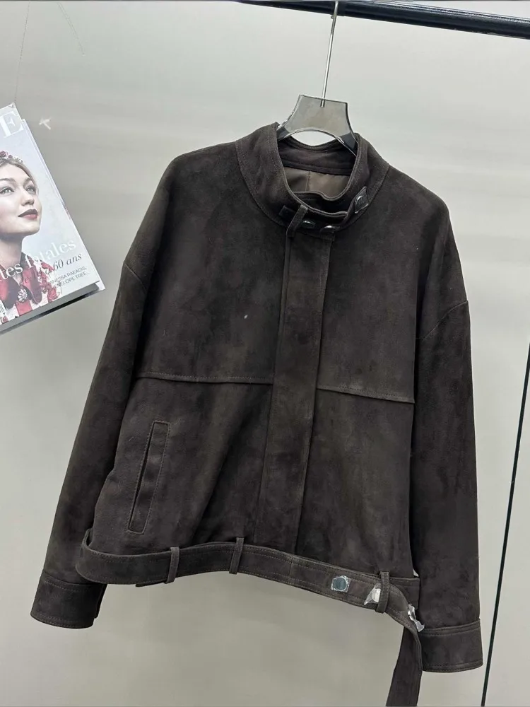 المرأة الخريف Vintage سترة جلدية حقيقية الوقوف طوق فضفاضة تناسب عالية الجودة جلد الغنم الحقيقي معطف من جلد الغزال الشارع الشهير ملابس خارجية