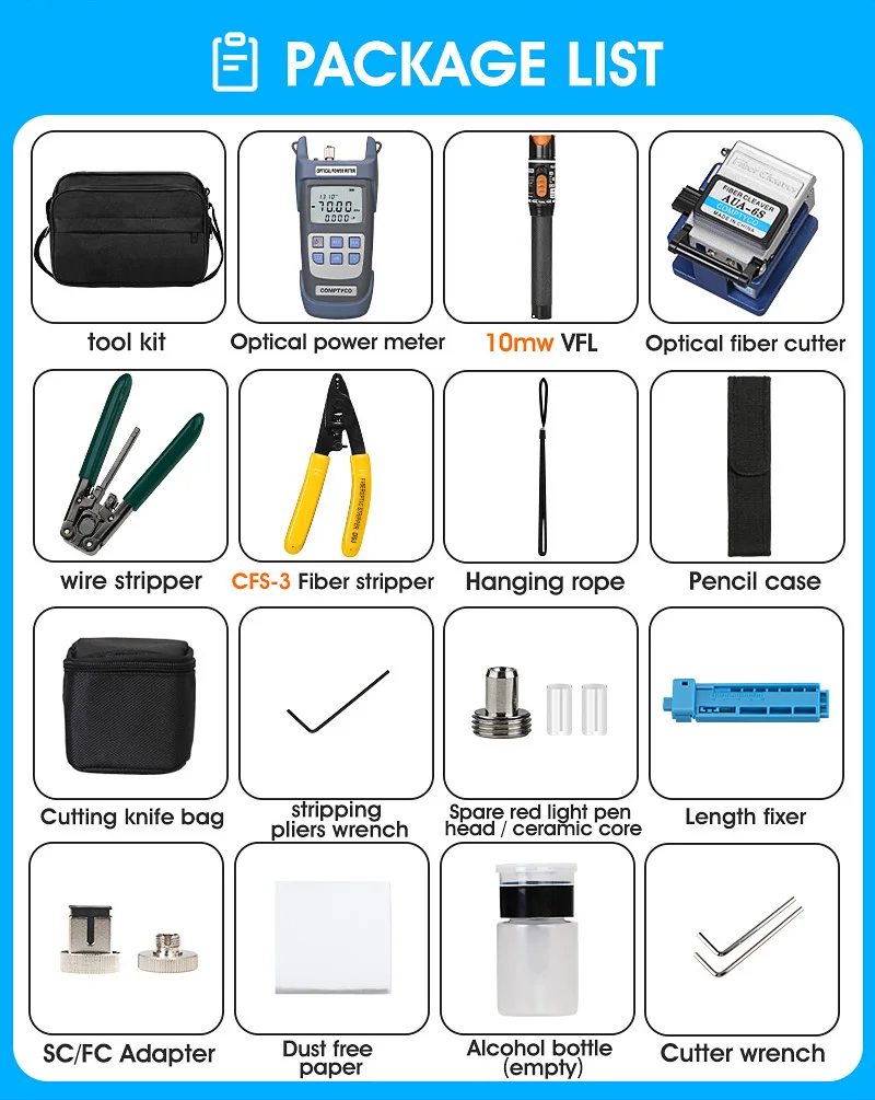 19pcs/set FTTH Fiber Optic Tool Kit with AUA-6S Fiber Cleaver -70~+10dBm/-50+26dBm Optical Power Meter 10mw Visual Fault Locator