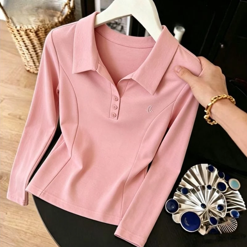 Women's Long Sleeve Polo Shirt Autumn Slim Fit Lapel Collar Office Commute Chic Casual T-Shirt Versatile Top