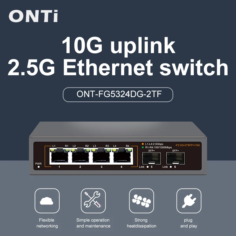 ONTi 2.5GbE Switch 2.5GBASE-T 4 puertos 2.5G RJ45 con 2 puertos 10G SFP+ Conmutador de red Plug and Play sin ventilador Montado en la pared de escritorio