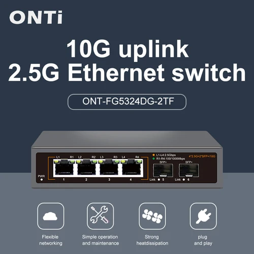ONTi 2.5GbE Switch 2.5GBASE-T 4 puertos 2.5G RJ45 con 2 puertos 10G SFP+ Conmutador de red Plug and Play sin ventilador Montado en la pared de escritorio