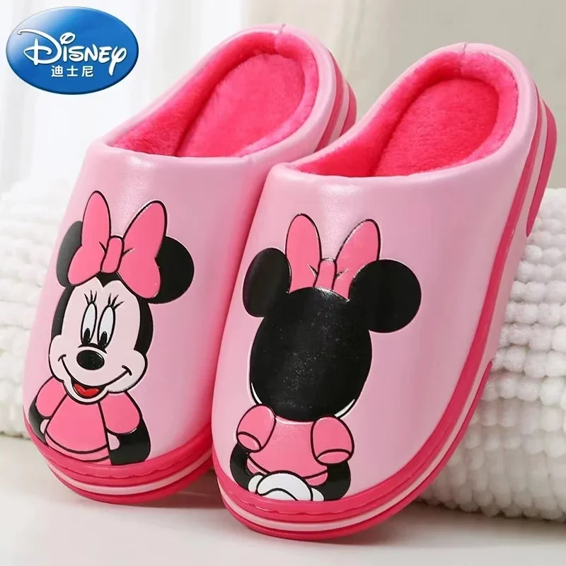 Disney Zimowe dziecięce kapcie bawełniane Baby Boy Girl Cartoon Mickey Minnie Print Indoor Warmth Non Slip Kids PU Home Shoes 28-33