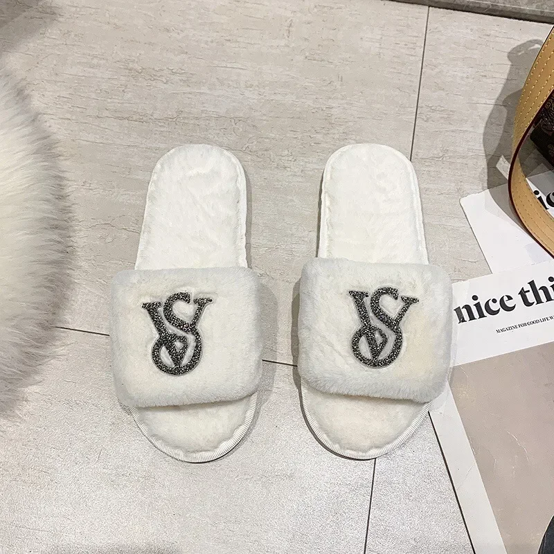 

Winter New Fashion Style Women Fleece Lined Slippers Indoor Outdoor Crystal Embellished Flat Warm House Shoes Free Shipping