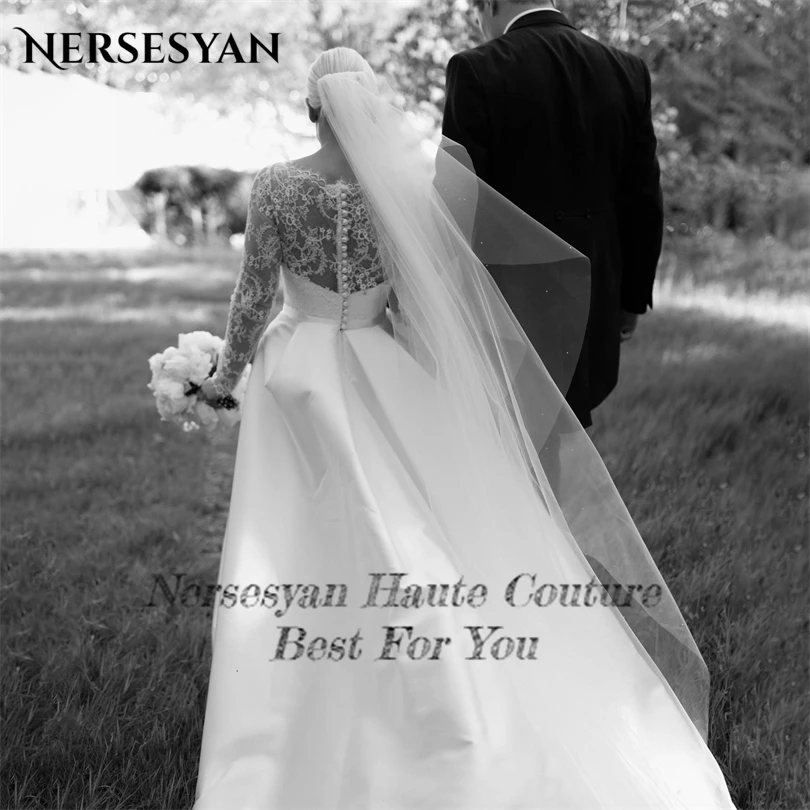 Nersesyan-فساتين زفاف من الساتان مع زينة من الدانتيل ، فساتين زفاف ثنيات ، أكمام طويلة ، خط ، بوهيمي ، فاخر ، 2023