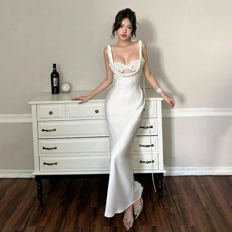 2026 Summer New Fashion French Style Pure White High-end Elegant Refined Fishtail Skirt Backless Satin Halter Dress for Women