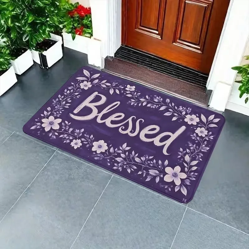 2026 Doormat Blessed Purple Floral Welcome Mat Non Slip Front Door Rug Indoor Outdoor Washable Entrance Floor Mat Home Decor