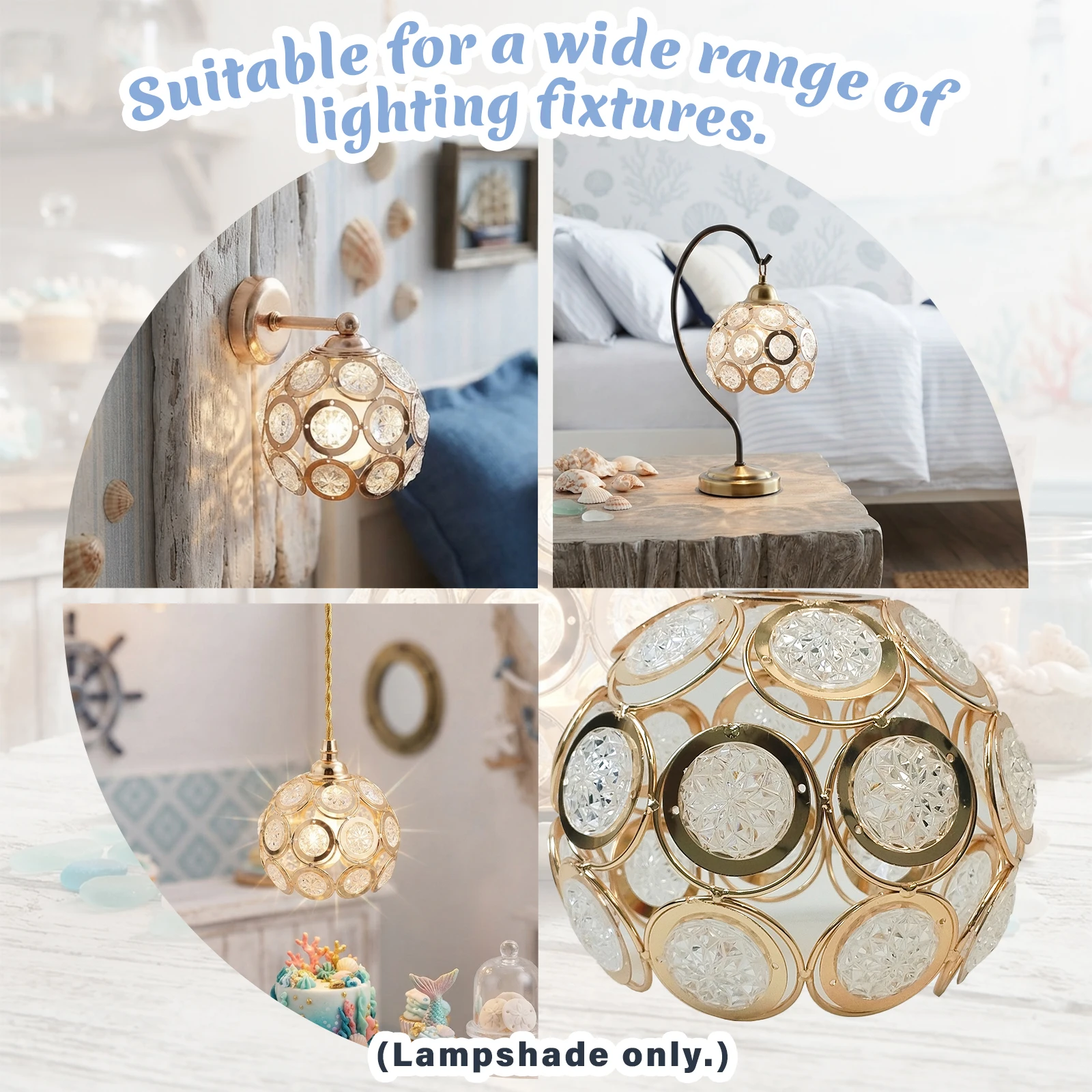 2‑Color Option Crystal Globe Lamp Shade, Metal Frame Faceted Glass Replacement Shade for Ceiling Pendant Light & Wall Sconce