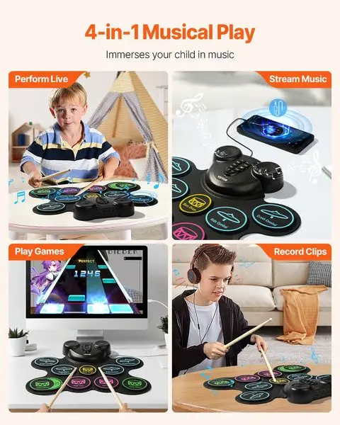 Batterie électrique 9 pads avec pédales, haut-parleurs intégrés pour enfants