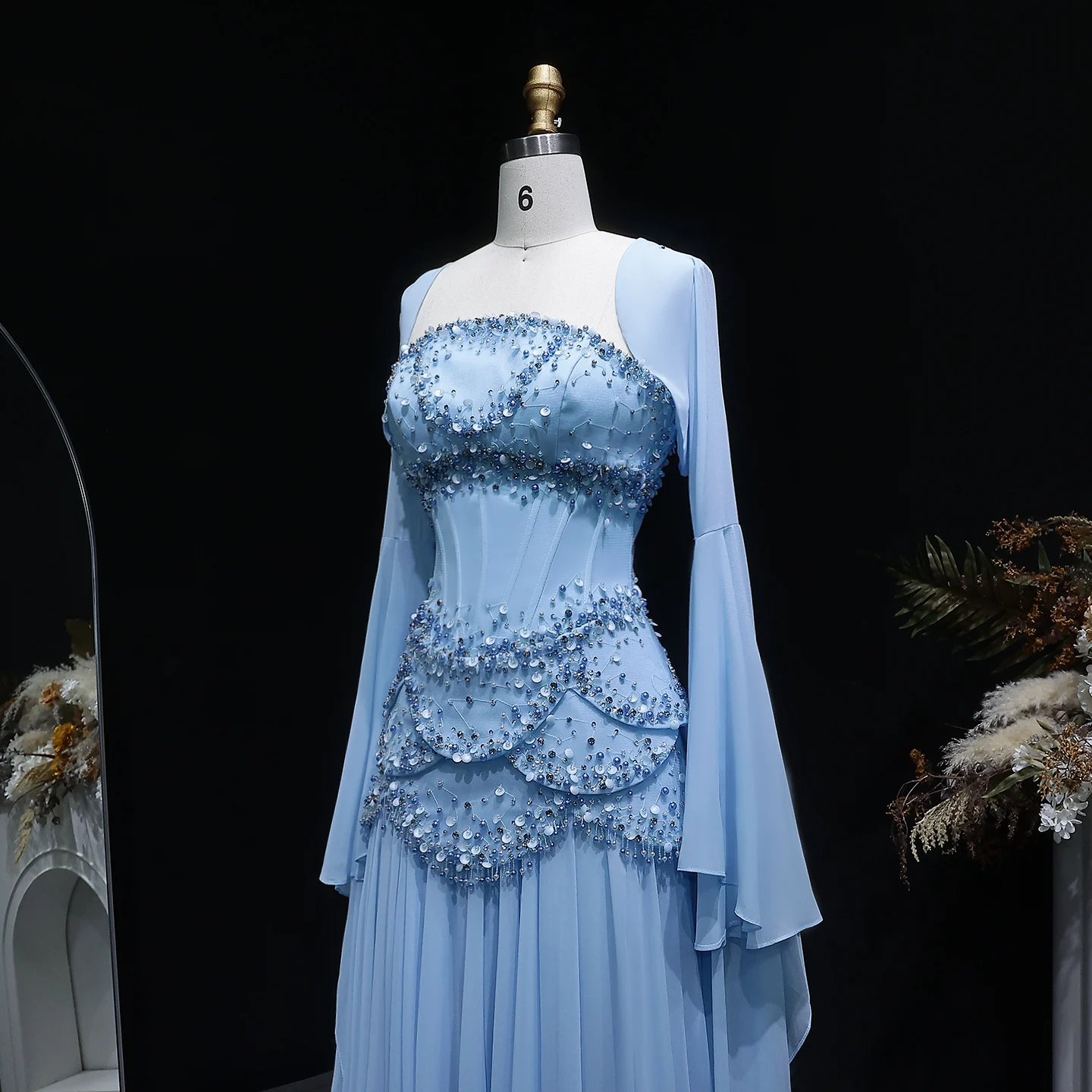 Sharon Said Elegantes Blaues Chiffon-Korsett-Abendkleid mit Futter und Jacke, ausgestellten Ärmeln, Luxus SS286, individuell anpassbar – Detail 8