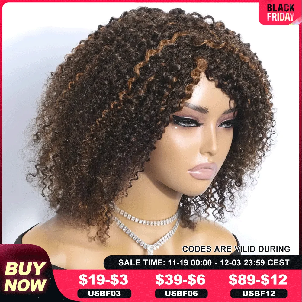 Afro Kinky Curly Human Hair Wigs Ombre Highlight Human Hair Wig With Bangs Colored Brazilian Curly Bob Wig For Women