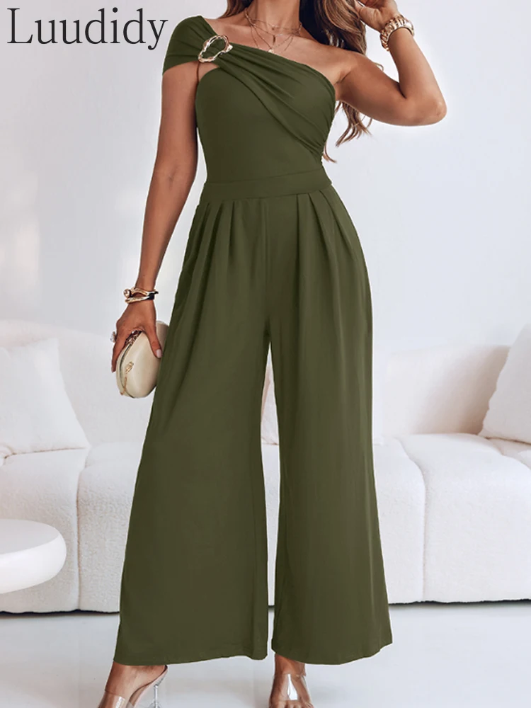 

Short Sleeve Cold Shoulder Ruched Buckle Wide Leg Jumpsuit