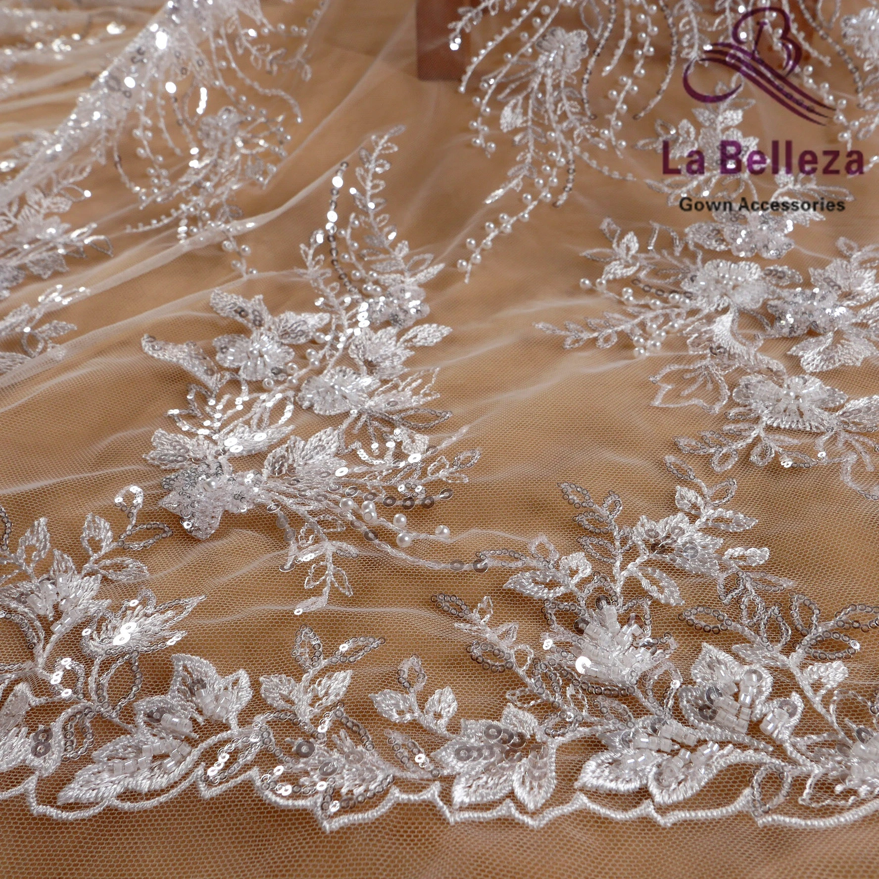 New ivory beads sequin flower leaves pearl embroidered fabric wedding dress evening clothing 2024