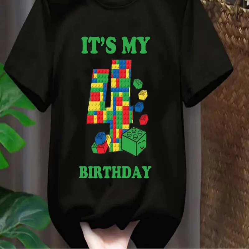 Black/Red T-Shirt For Girls/Boys Cute It'S My 4th/5th/6th Birthday Building Blocks Printed T Shirt Perfect Birthday Gift Kids Cl