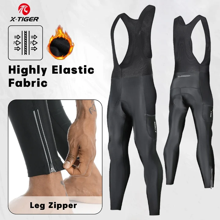 X‑TGER Winter-Fahrrad-Latzhose, Fleece, warm, Fahrrad-Latzhose mit 5D-Polsterung, 3 Taschen, für Herren, Langstrecken-Fahrradhose für kaltes Wetter – Detail 1