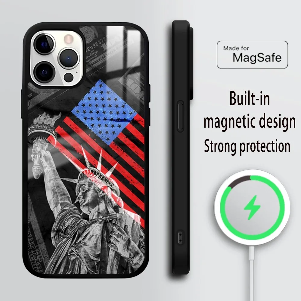 creative art american flag Phone Case For iPhone 16 15 14 13 12 11 Pro Max Plus Mini Mirror Wireless magnetic case