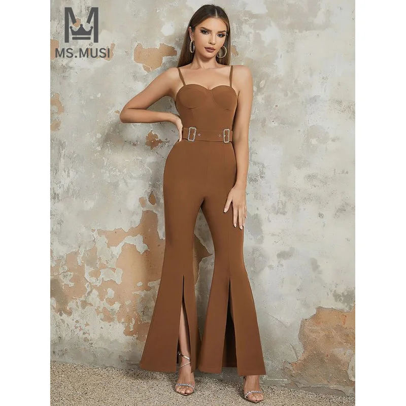 MSMUSI 2025 New Fashion Women Sexy Solid Sleeveless Backless Bodycon Party Club Slim Slit Flare Pant Lady Jumpsuit With Belt